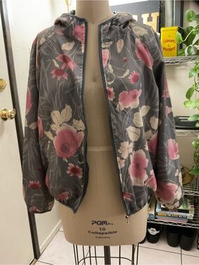 Miss London Gray Floral Hooded Bomber Jacket with Pink Blooms